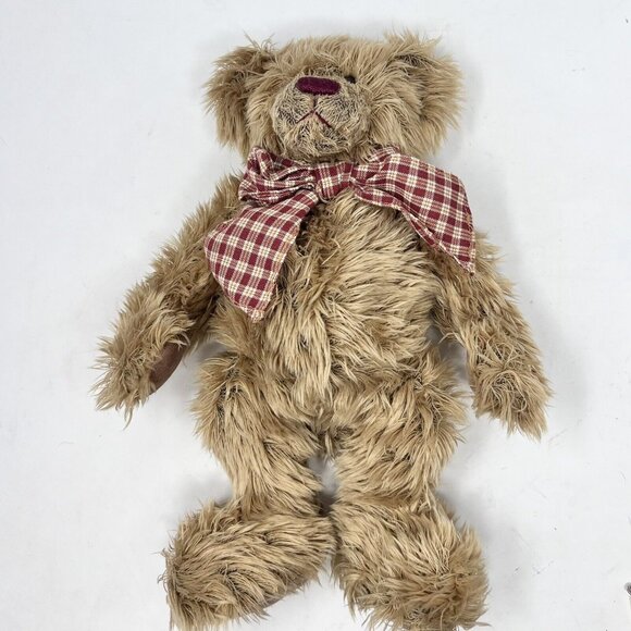 RARE Teddy Hermann Brown Bear with Plaid Bow Long Hair Burgundy Nose - Picture 8 of 8